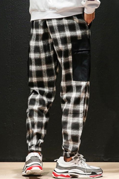 Guys Street Fashion Plaid Print Drawstring Waist Elastic-Cuff Cotton Casual Cargo Pants