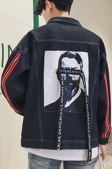 Hip Hop Fashion Letter Ribbon Figure Portrait Print Back Stripe Long Sleeve Casual Denim Jacket for Guys