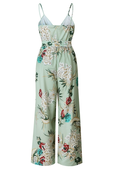 Holiday Sexy V-Neck Spaghetti Straps Sleeveless Floral Printed Tied Waist Split Side Jumpsuit
