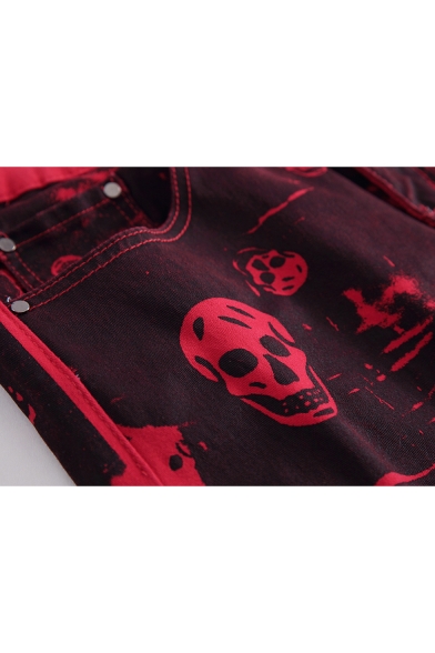 Hot Fashion Cool Allover Skull Printed Men's Red Stretch Slim Fit Jeans