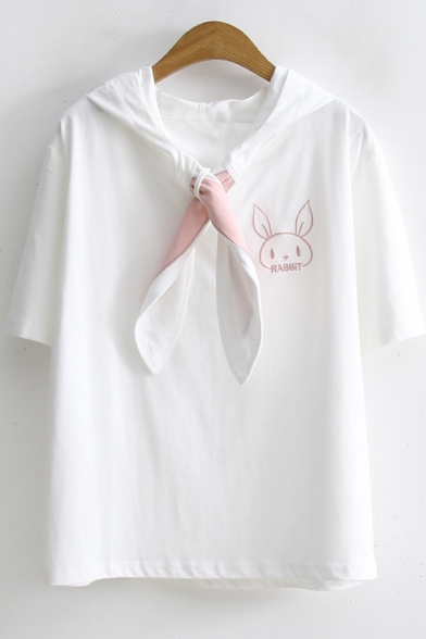 Lovely Rabbit Embroidery Tied Front Short Sleeve Casual Hood T-Shirt