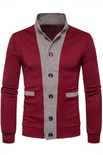 Men's Classic Colorblock Button Closure Stand-Collar Fitted Cardigan