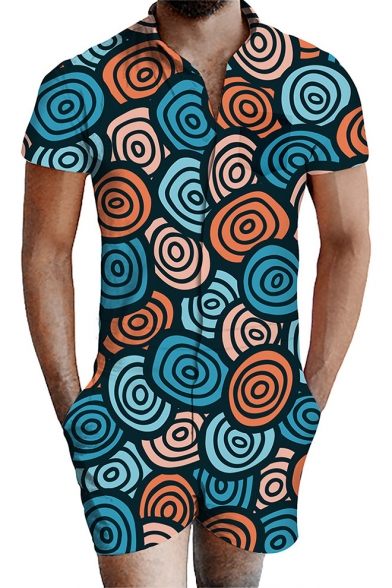 Men's Fashion 3D Printed Short Sleeve Casual Romper with Pockets