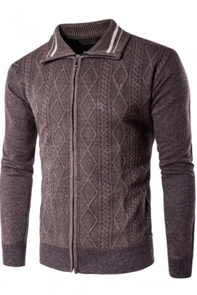 Men's Fashion Striped Turn-Down Collar Rhombus Knit Zip Up Fitted Cardigan