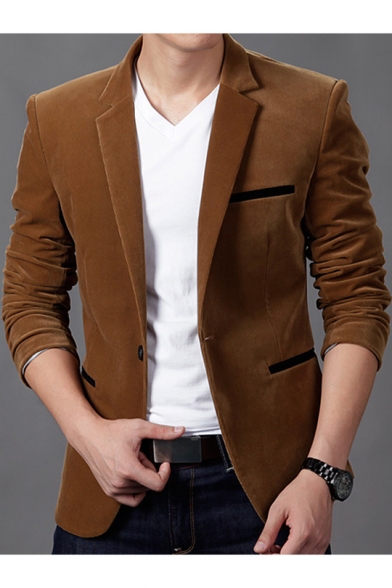Men's Plain Single Button Notch Lapel Split Back Long Sleeve Slim Fit Corduroy Blazer Suit