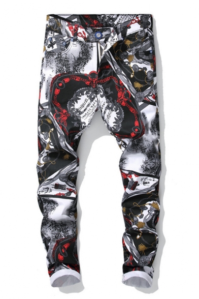 Men's Retro 3D Chain Tribal Floral Printed Rolled Cuff Stretch Fit Black Jeans