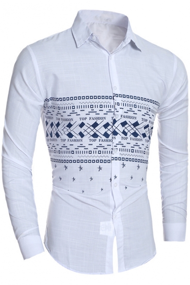 Men's Stylish Ethnic Letter Printed Long Sleeve Slim Fit Button Front Shirt
