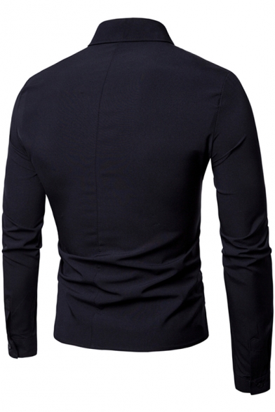 Men's Stylish Fake Two-Piece Long Sleeve Plain Fitted Double Breasted Placket Patchwork Asymmetric Shirt