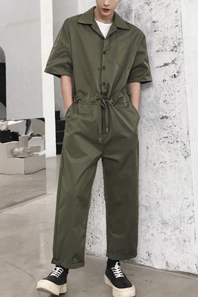 Men's Summer Fashion Solid Color Short Sleeve Lapel Collar Drawstring Waist Suits One Piece Coveralls