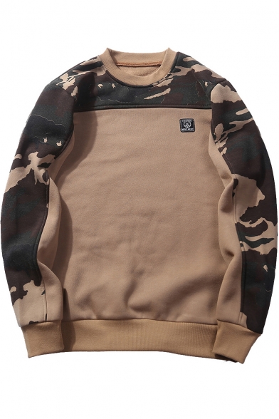 Mens Fashion Cool Camo Printed Logo Patched Round Neck Long Sleeve Casual Sweatshirt