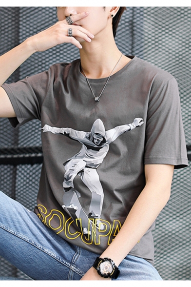 Mens Street Style Figure Letter Printed Round Neck Short Sleeve Cotton Leisure T-Shirt