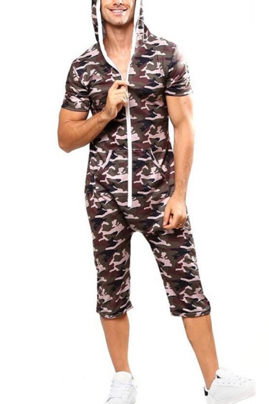 Mens Stylish Coffee Camo Printed Hoodie Zip Up Gym Sports Casual Playsuits Rompers