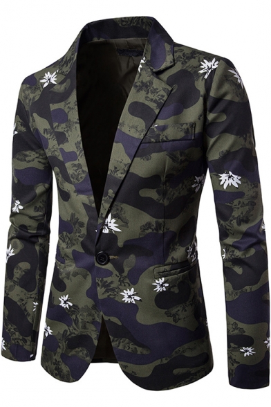 Mens Trendy Camo Floral Printed Notched Lapel Long Sleeves Single Button Green Casual Blazer Suit