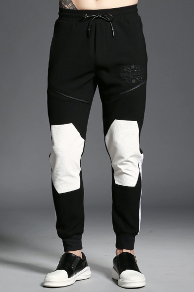 Mens Unique Color Block Logo Print Patchwork Drawstring Waist Zip Embellished Black Sport Sweatpants