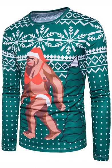 New Stylish Funny Christmas Monkey Pattern Round Neck Long Sleeve Slim Fit Green T-Shirt