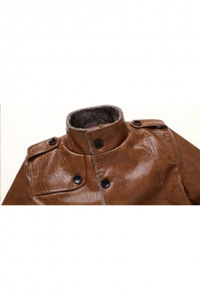 New Trendy Stand Collar Epaulets Detail Single Breasted Fur-Lined Long Sleeve Plain Leather Jacket for Men