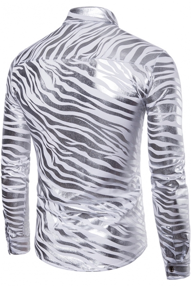 Popular Metallic Color Zebra Print Long Sleeve Mens Button-Up Shirt