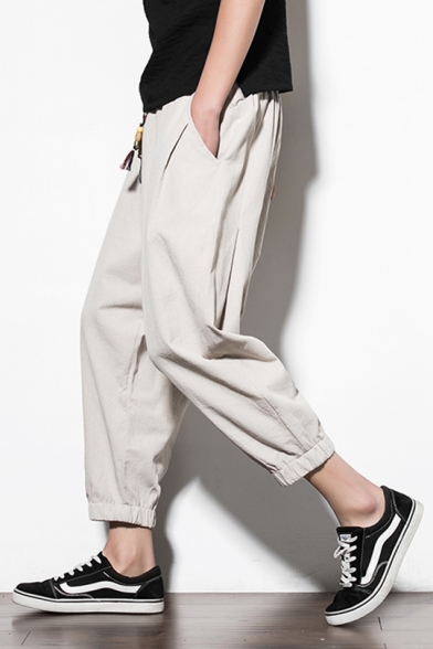Retro Chinese Style Plain Cotton and Linen Drawstring-Waist Loose Fit Cropped Tapered Trousers Pants for Men