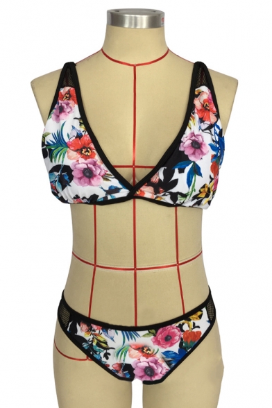 Retro Floral Printed V-Neck Mesh Insert Bikini Swimwear