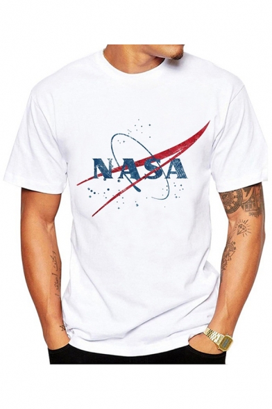 Round Neck NASA Graphic Printed Short Sleeve Casual White Tee