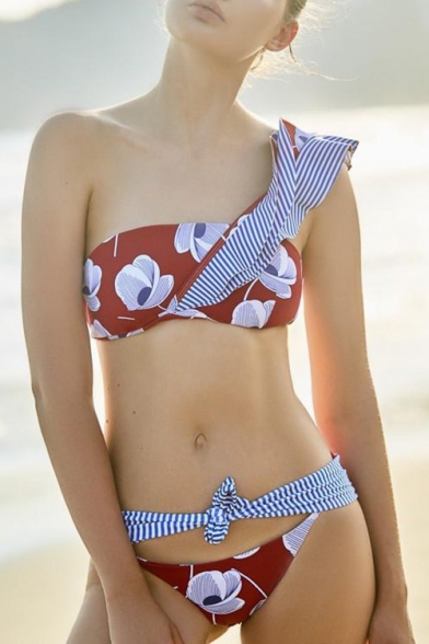 Sexy Floral Striped Pattern One Shoulder Bow Tied Waist Ruffle Trim Bikini Swimwear