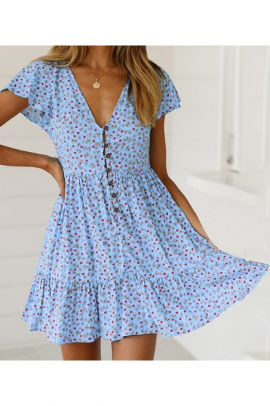 Sexy V-Neck Floral Printed Button Front Short Sleeve Mini A-Line Dress