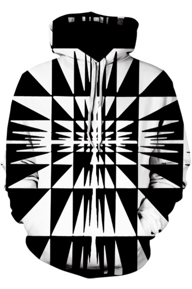 Stylish Cool Geometric Printed Long Sleeve Sport Black and White Hoodie