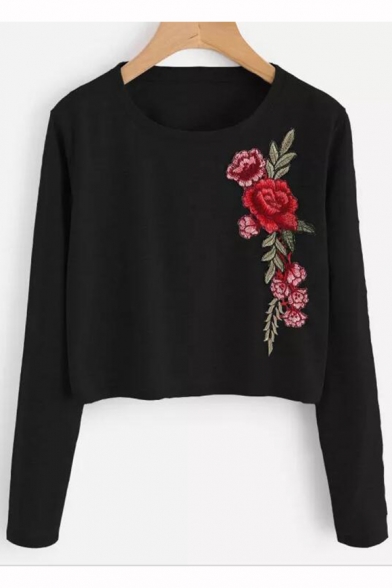 Stylish Embroidery Floral Round Neck Long Sleeve Cropped T-Shirt