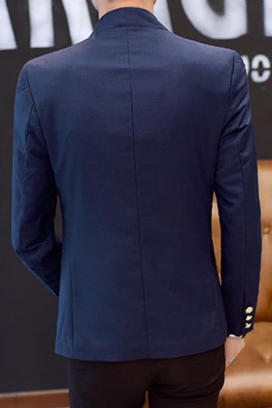 Stylish Plain Stand Up Collar Long Sleeve Button Front Patched Men's Wedding Suit for Groom