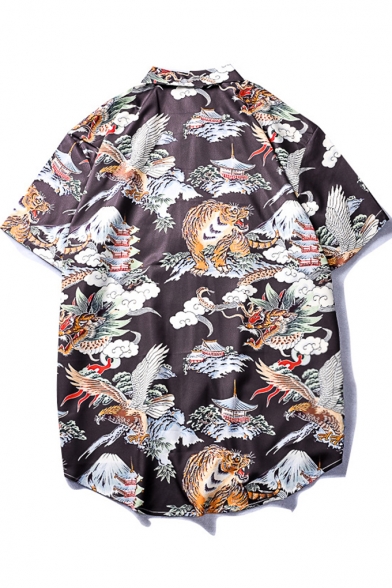 Summer New Trendy Retro Ukiyo-e Tiger Printed Unisex Holiday Black Hawaiian Shirt