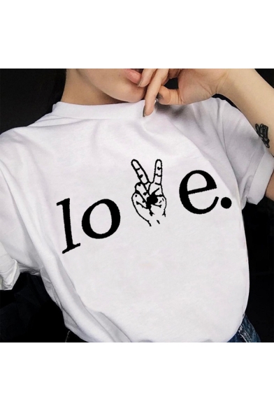 Trendy Finger Letter LOVE Printed Short Sleeve Round Neck Casual Tee
