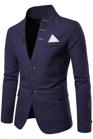 Trendy Stand Collar Long Sleeve Button Front Patched Casual Mens Suit Blazer
