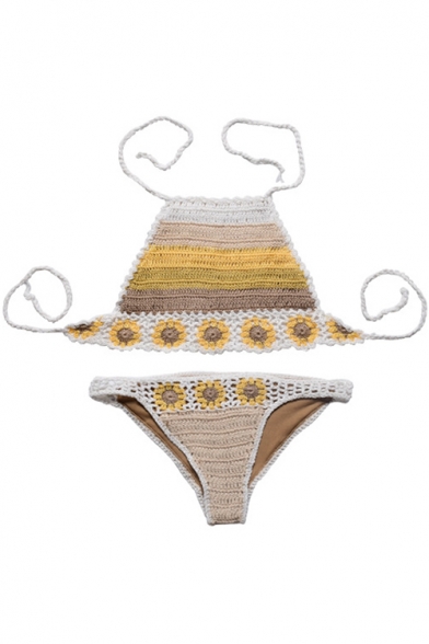 Vintage Floral Colorblocked Knit Halter Neck Hollow Out Bikini