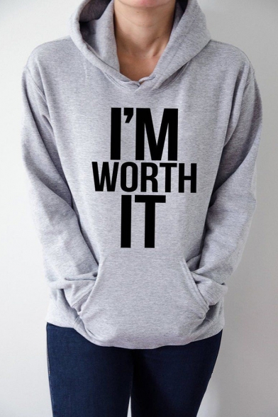 Women's Fashion Letter I'M WORTH IT Printed Long Sleeve Gray Hoodie with Pocket
