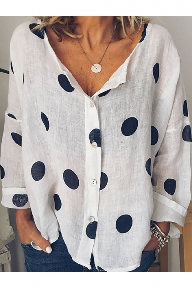 Women's Fashion Polka-Dot Printed Long Sleeve Button Front Loose Fit Shirt