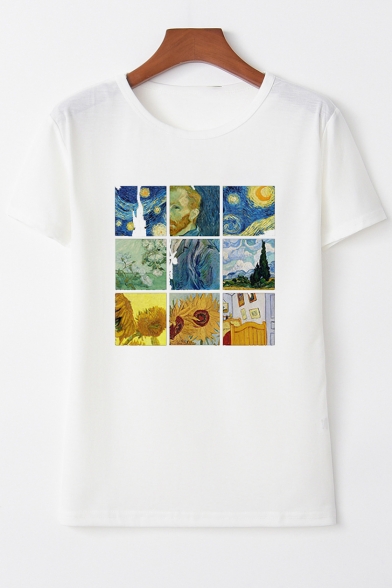 Women's Trendy Van Gogh Oil Painting Printed Short Sleeve Round Neck Casual T-Shirt