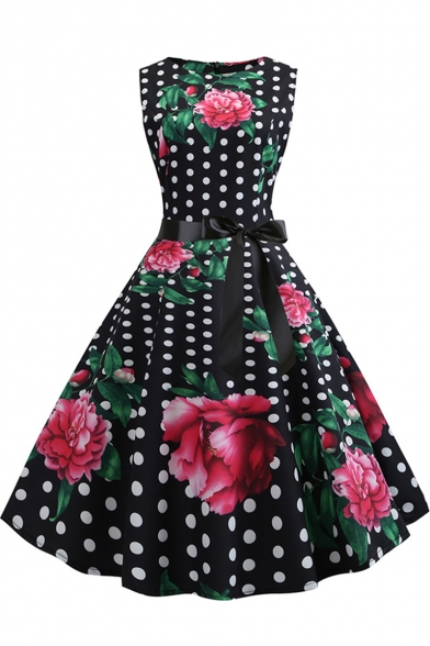 

Women' Vintage Polka-Dot Floral Print Round Neck Sleeveless Bow-Tied Waist Black Midi Flare Dress, LM511077