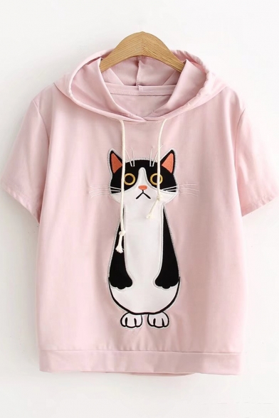 Cartoon Cat Embroidery Short Sleeve Drawstring Hood Summer Casual T-Shirt