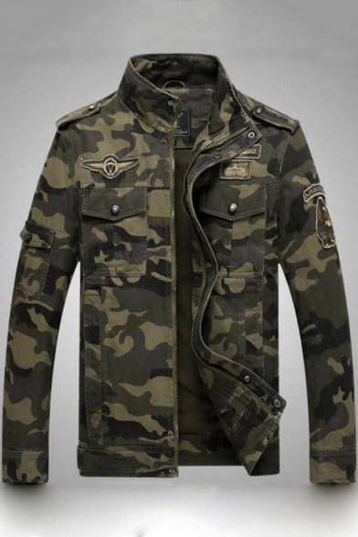 Cool Camouflage Print Epaulets Badge Patched Concealed Zip Closure with Press-Stud Placket Field Jacke