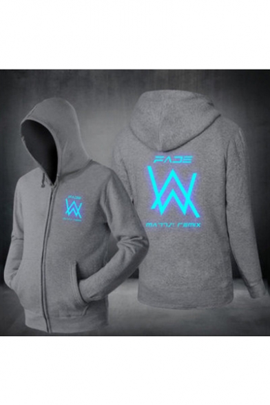 Cool Double W Logo Noctilucent Luminous Letter Logo Printed Long Sleeve Zip Up Hoodie