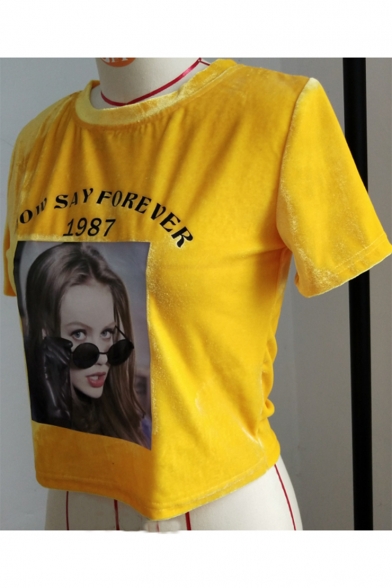 Cool Figure Letter HOW SAY FOREVER 1987 Printed Round Neck Short Sleeve Yellow Cropped T-Shirt