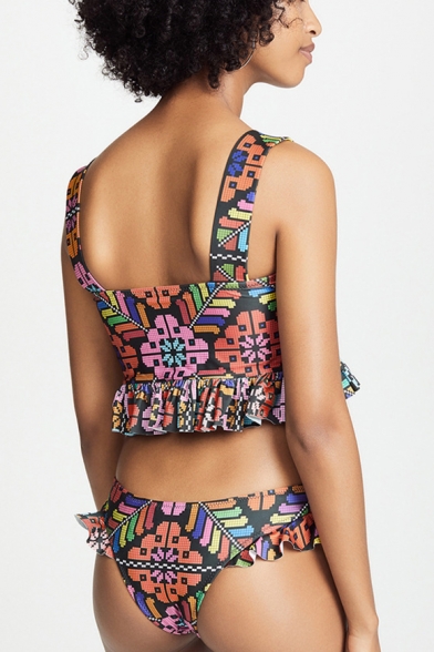 Fashion Sexy Geometric Floral Pattern Spaghetti Straps Ruffle Design Bikini