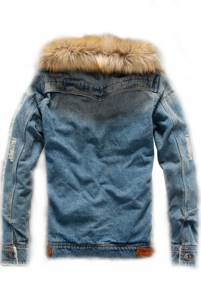 Faux Fur Trim Collar Long Sleeve Button Front Ripped Patched Denim Jacket