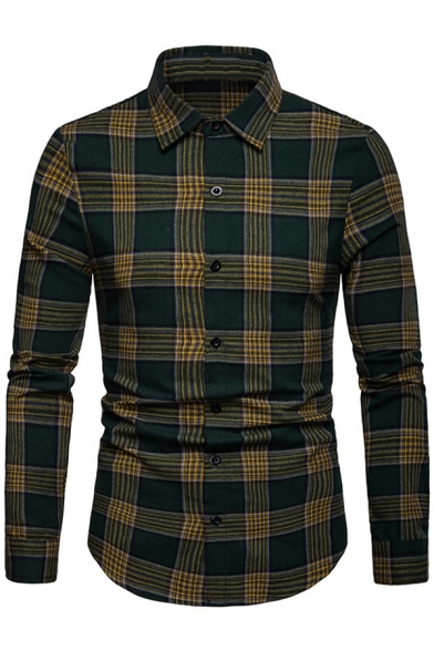 Guys Fashion Classic Plaid Printed Long Sleeve Casual Button-Up Business Shirt