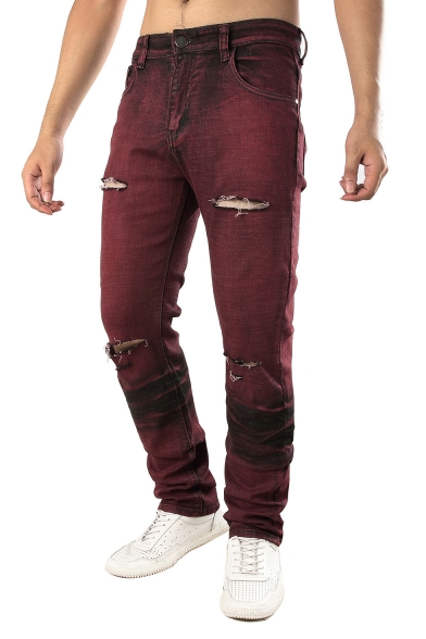 Guys Street Style Washed Stretch Slim Fit Red Ripped Jeans