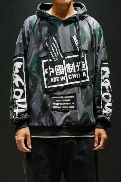 Hot Fashion Camo Letter MADE IN CHINA Printed Patchwork Long Sleeve Mens Relaxed Hoodie