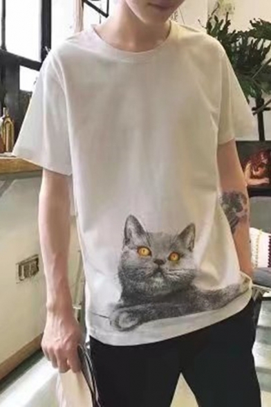 Lovely Cat Pattern Short Sleeve Men's Fashion White Casual T-Shirt