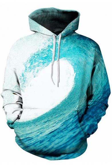 Men's Cool 3D Sea Wave Printed Long Sleeve Loose Fit Blue Drawstring Hoodie