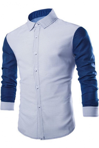 Men's Fashion Allover Printed Colorblocked Long Sleeve Slim Fit Button-Up Shirt