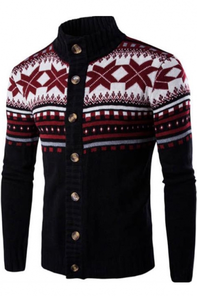 Men's Retro Tribal Printed Stand-Collar Long Sleeve Button Down Cardigan